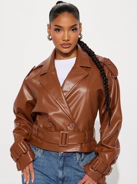 Fashion Nova Kourtney Brown Faux Leather Belted Jacket  | Size L | NEW